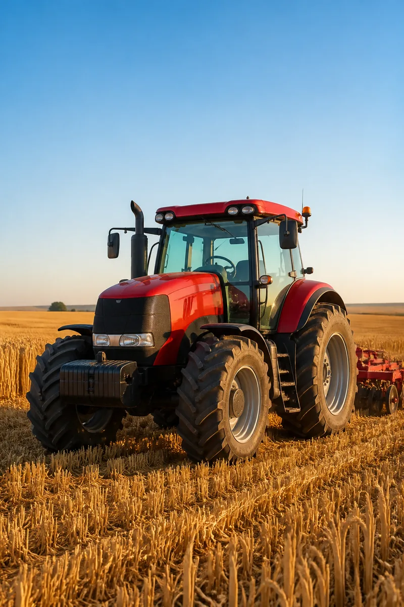 Tractors and a combine harvester working a wheat field at sunrise