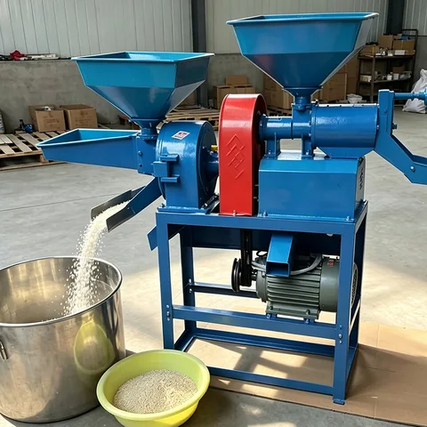 Electric paddy husker and rice huller rated at 300 kg per hour on a workshop floor